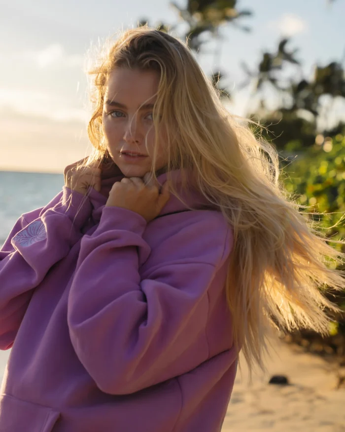 Everything Comes in Waves Pink Palm Puff Hoodie in Açai