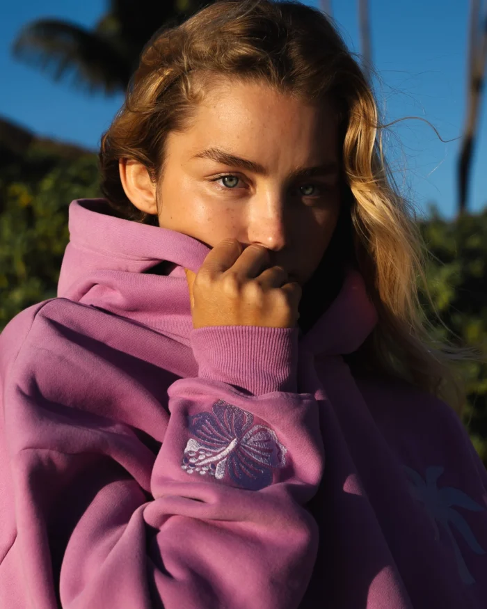 Everything Comes in Waves Pink Palm Puff Hoodie in Açai