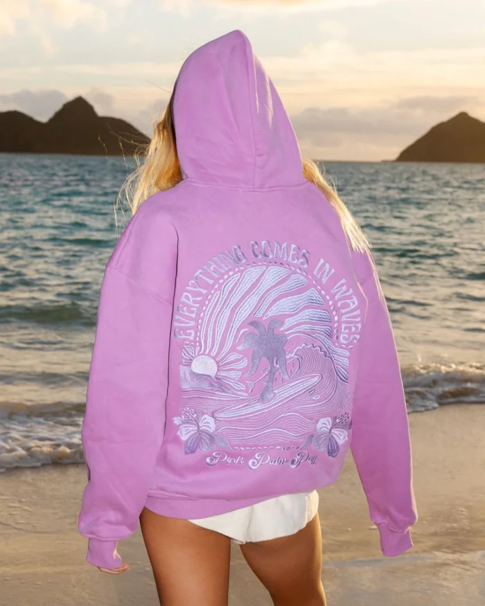 Everything Comes in Waves Pink Palm Puff Hoodie in Açai