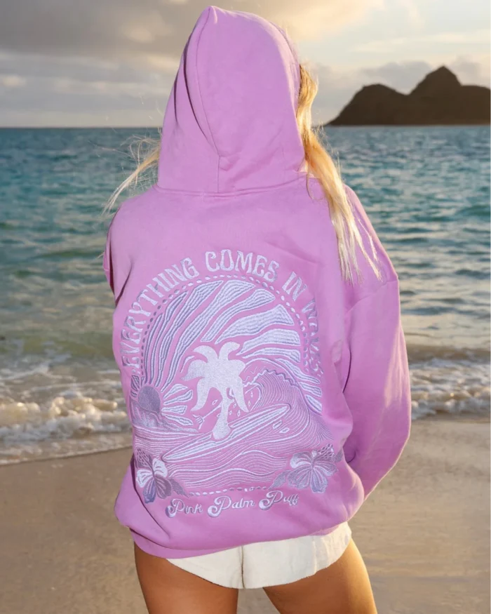 Everything Comes in Waves Pink Palm Puff Hoodie in Açai