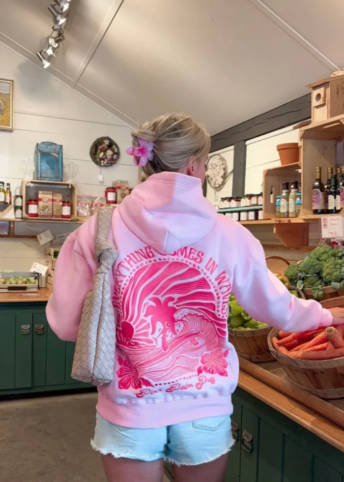 Everything Comes in Waves Pink Palm Puff Hoodie in Pink