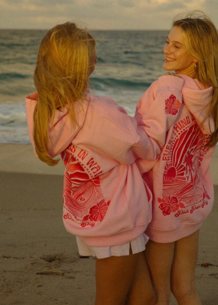 Everything Comes in Waves Pink Palm Puff Hoodie in Pink