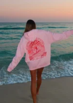 Everything Comes in Waves Pink Palm Puff Hoodie in Pink