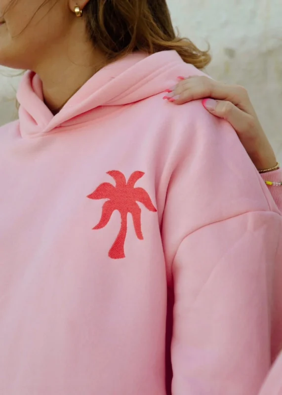 Everything Comes in Waves Pink Palm Puff Hoodie in Pink