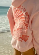 Everything Comes in Waves Pink Palm Puff Hoodie in Pink