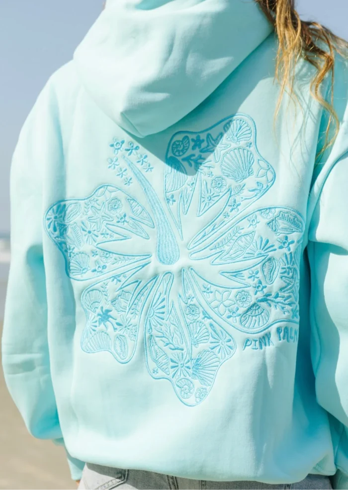 "Hawaii Hibiscus" Pink Palm Puff Hoodie in Aquamarine