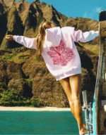 Hawaii Hibiscus Pink Palm Puff Hoodie in Blush