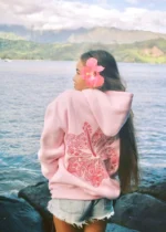 Hawaii Hibiscus Pink Palm Puff Hoodie in Blush