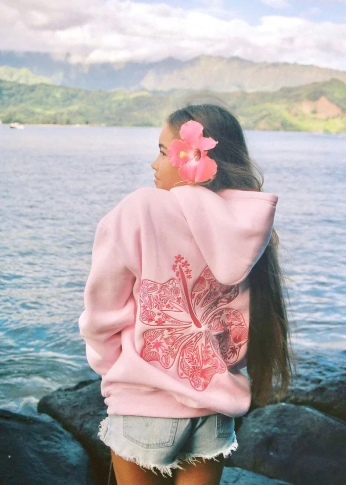 Hawaii Hibiscus Pink Palm Puff Hoodie in Blush