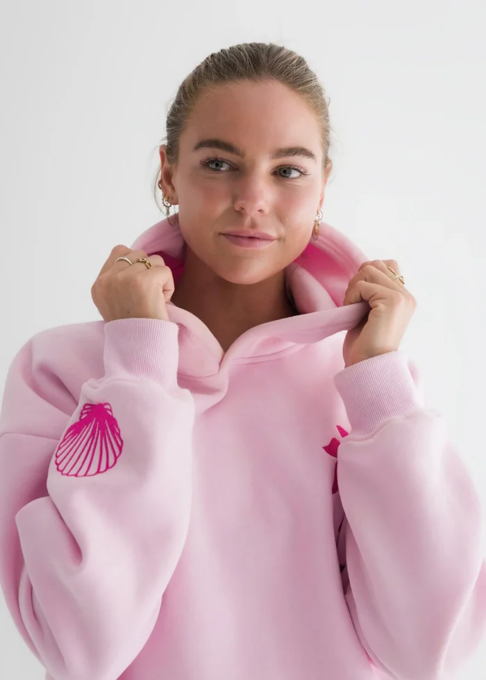 Hawaii Hibiscus Pink Palm Puff Hoodie in Blush