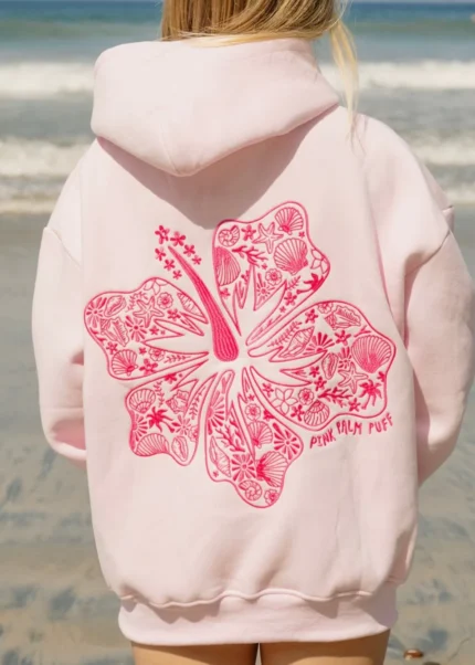 Hawaii Hibiscus Pink Palm Puff Hoodie in Blush