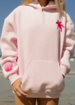 Hawaii Hibiscus Pink Palm Puff Hoodie in Blush