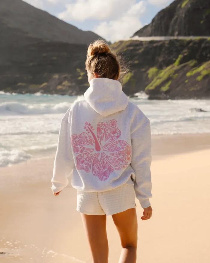 Hawaii Hibiscus Pink Palm Puff Hoodie in Heather Cloud