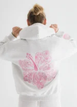 Hawaii Hibiscus Pink Palm Puff Hoodie in Heather Cloud