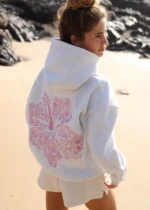 Hawaii Hibiscus Pink Palm Puff Hoodie in Heather Cloud