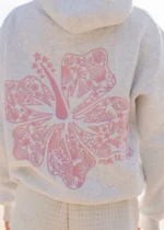 Hawaii Hibiscus Pink Palm Puff Hoodie in Heather Cloud