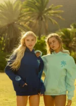 Hawaii Hibiscus Pink Palm Puff Hoodie in Oceanic