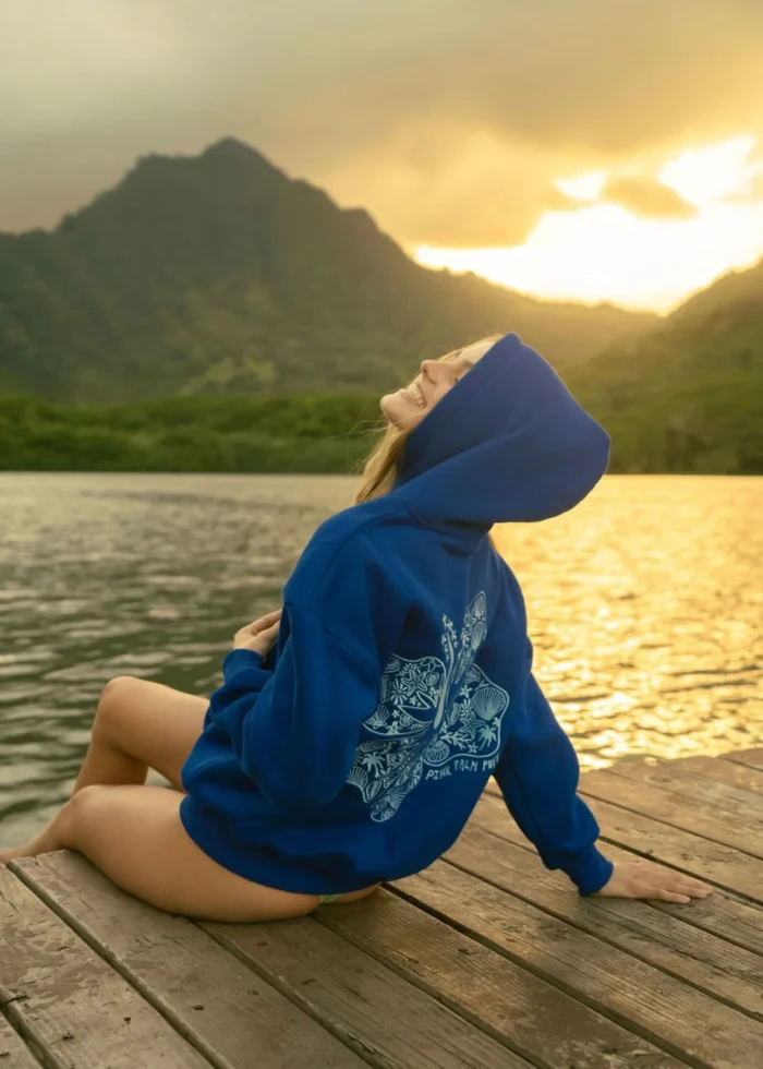 Hawaii Hibiscus Pink Palm Puff Hoodie in Oceanic