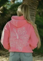 Hawaii Hibiscus Pink palm Puff Hoodie in Sonic Pink