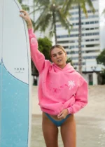 Hawaii Hibiscus Pink palm Puff Hoodie in Sonic Pink