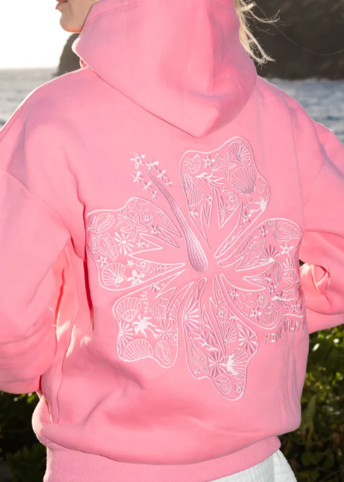 Hawaii Hibiscus Pink palm Puff Hoodie in Sonic Pink