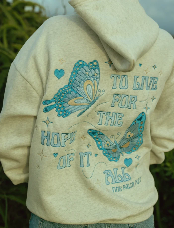 To Live For the Hope of it All Pink Palm Puff Hoodie in Heather White