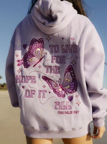 To Live For the Hope of it All Pink Palm Puff Hoodie in Lilac